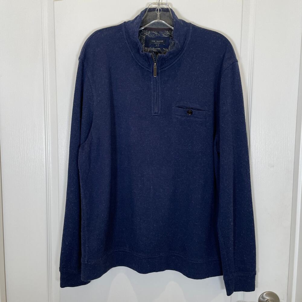 Ted Baker London Valerio Quarter Zip Pullover Sweater Blue Textured‎ Wool 7 3XL